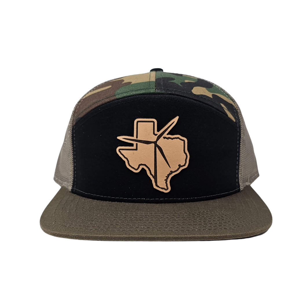 Texas Wind Leather Patch 7 Panel Cap (Tri Blk/Green Camo/Loden)